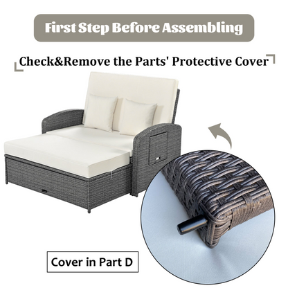 Patio Furntiure Sets | PE Wicker Rattan Double Chaise Lounge, 2-Person Reclining Daybed with Adjustable Back and Cushions, Free Furniture Protection Cover, White | casafoyer.myshopify.com