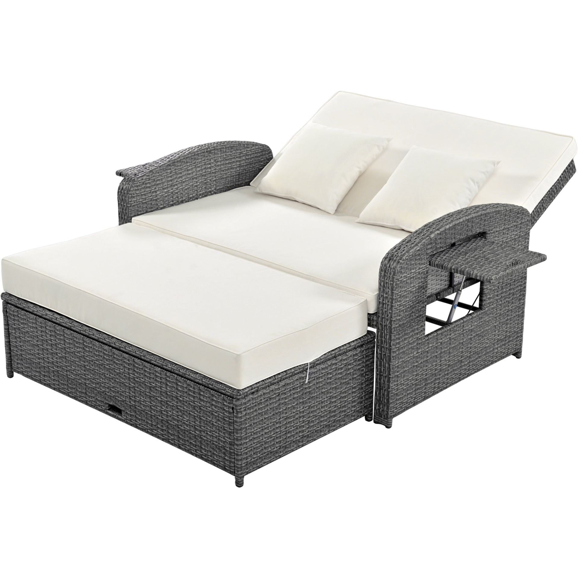 Patio Furntiure Sets | PE Wicker Rattan Double Chaise Lounge, 2-Person Reclining Daybed with Adjustable Back and Cushions, Free Furniture Protection Cover, White | casafoyer.myshopify.com