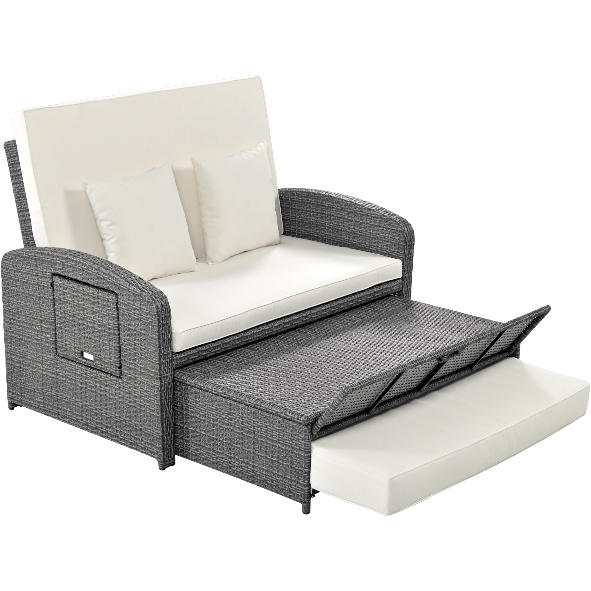 Patio Furntiure Sets | PE Wicker Rattan Double Chaise Lounge, 2-Person Reclining Daybed with Adjustable Back and Cushions, Free Furniture Protection Cover, White | casafoyer.myshopify.com