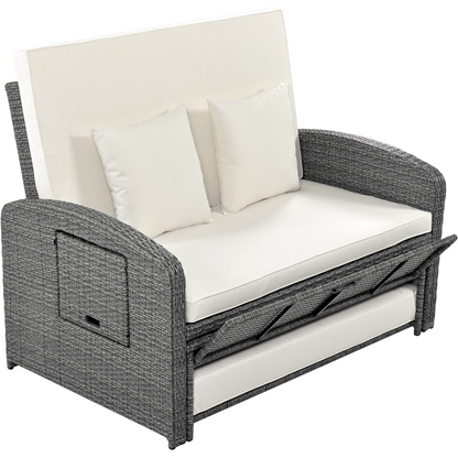 Patio Furntiure Sets | PE Wicker Rattan Double Chaise Lounge, 2-Person Reclining Daybed with Adjustable Back and Cushions, Free Furniture Protection Cover, White | casafoyer.myshopify.com