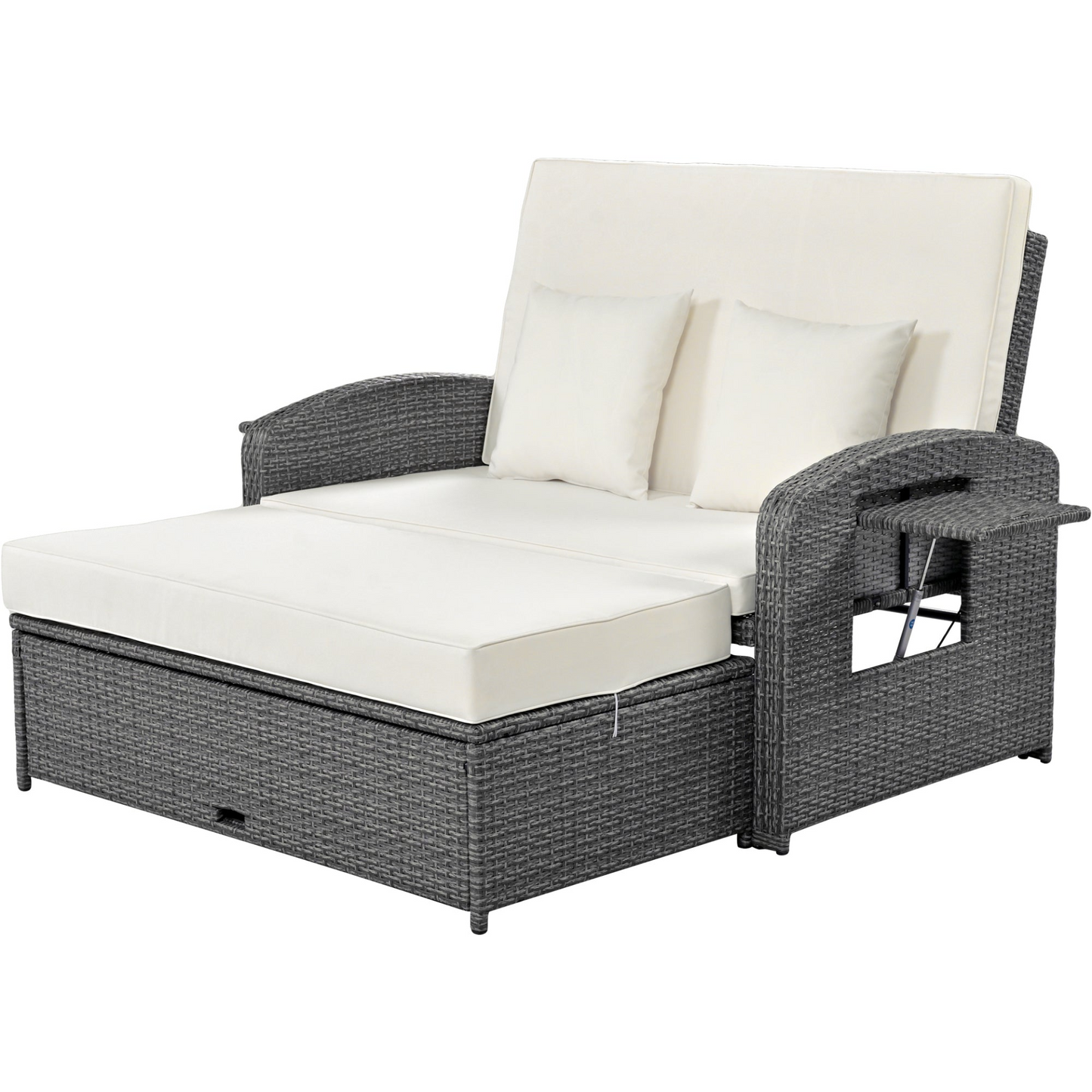 Patio Furntiure Sets | PE Wicker Rattan Double Chaise Lounge, 2-Person Reclining Daybed with Adjustable Back and Cushions, Free Furniture Protection Cover, White | casafoyer.myshopify.com