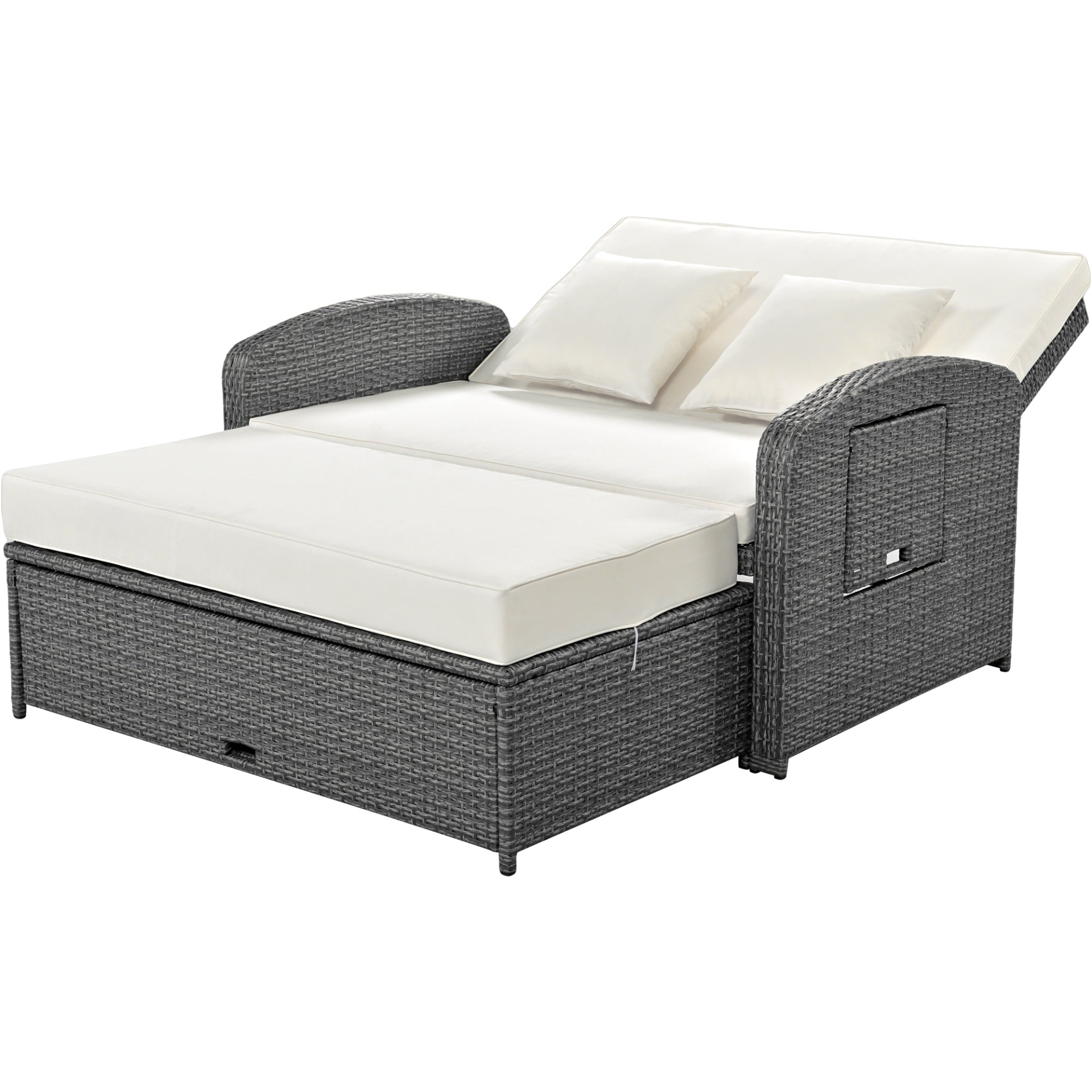 Patio Furntiure Sets | PE Wicker Rattan Double Chaise Lounge, 2-Person Reclining Daybed with Adjustable Back and Cushions, Free Furniture Protection Cover, White | casafoyer.myshopify.com