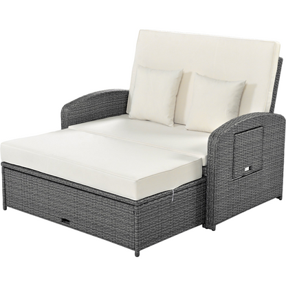 Patio Furntiure Sets | PE Wicker Rattan Double Chaise Lounge, 2-Person Reclining Daybed with Adjustable Back and Cushions, Free Furniture Protection Cover, White | casafoyer.myshopify.com