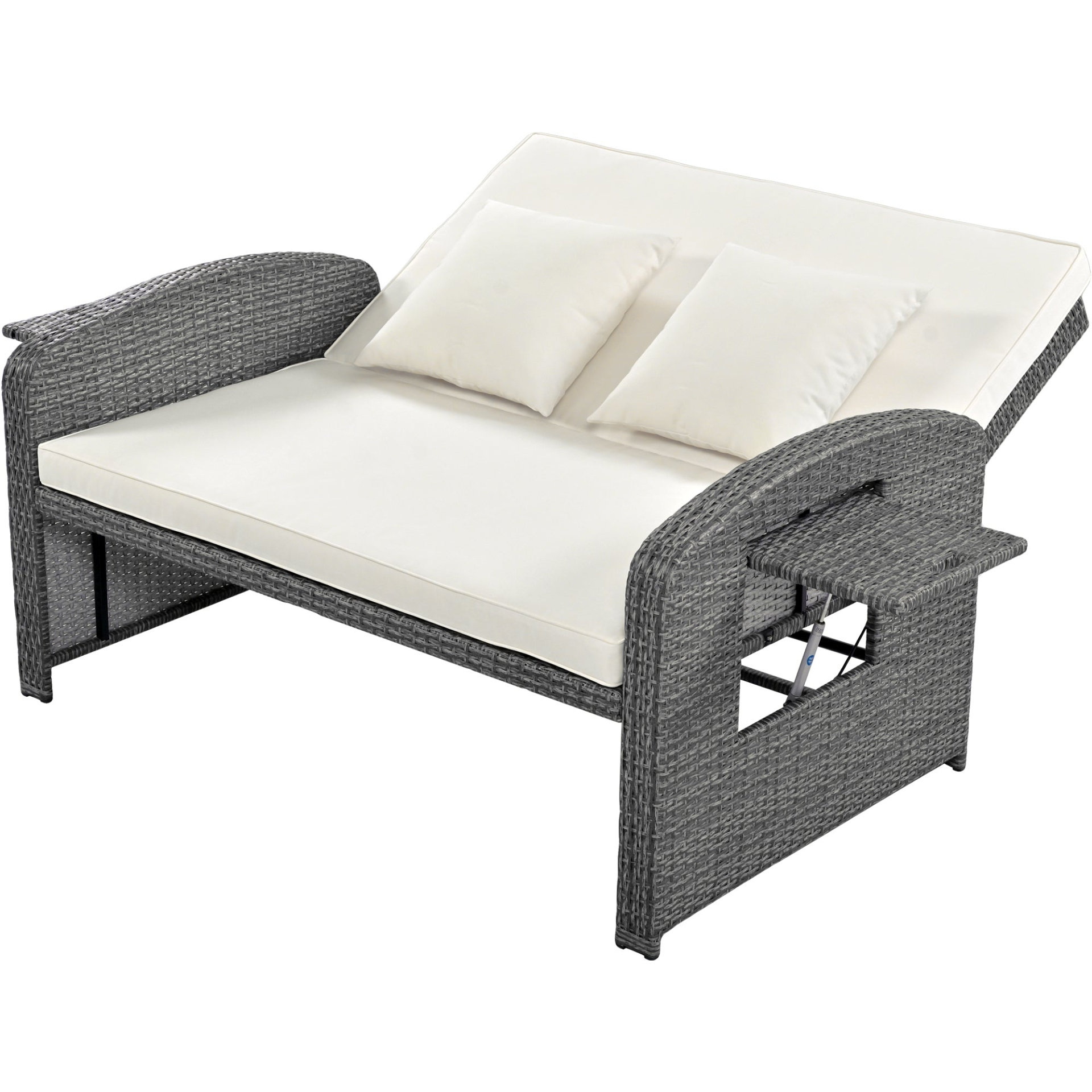 Patio Furntiure Sets | PE Wicker Rattan Double Chaise Lounge, 2-Person Reclining Daybed with Adjustable Back and Cushions, Free Furniture Protection Cover, White | casafoyer.myshopify.com