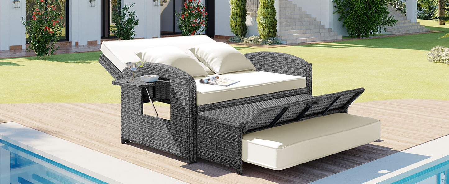 Patio Furntiure Sets | PE Wicker Rattan Double Chaise Lounge, 2-Person Reclining Daybed with Adjustable Back and Cushions, Free Furniture Protection Cover, White | casafoyer.myshopify.com