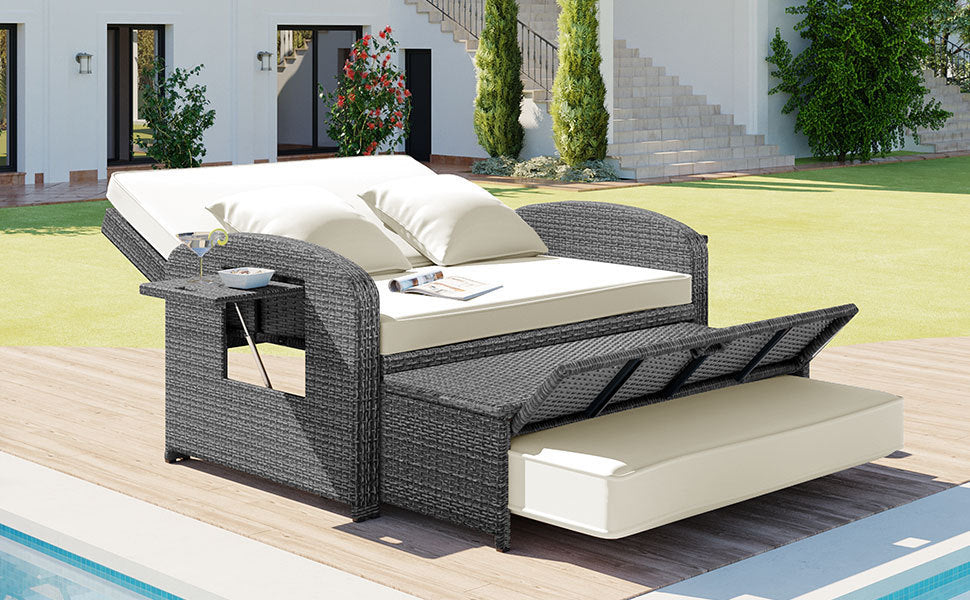 Patio Furntiure Sets | PE Wicker Rattan Double Chaise Lounge, 2-Person Reclining Daybed with Adjustable Back and Cushions, Free Furniture Protection Cover, White | casafoyer.myshopify.com