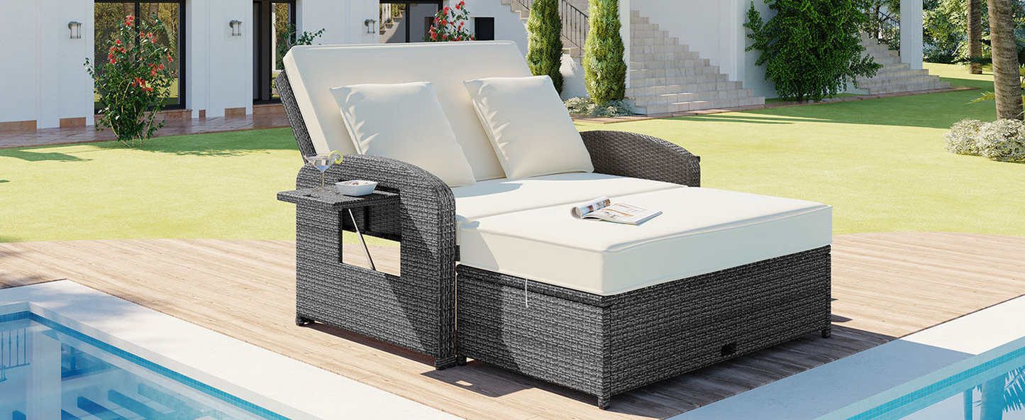 Patio Furntiure Sets | PE Wicker Rattan Double Chaise Lounge, 2-Person Reclining Daybed with Adjustable Back and Cushions, Free Furniture Protection Cover, White | casafoyer.myshopify.com