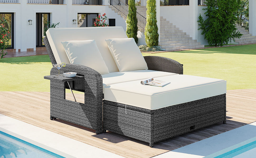 Patio Furntiure Sets | PE Wicker Rattan Double Chaise Lounge, 2-Person Reclining Daybed with Adjustable Back and Cushions, Free Furniture Protection Cover, White | casafoyer.myshopify.com