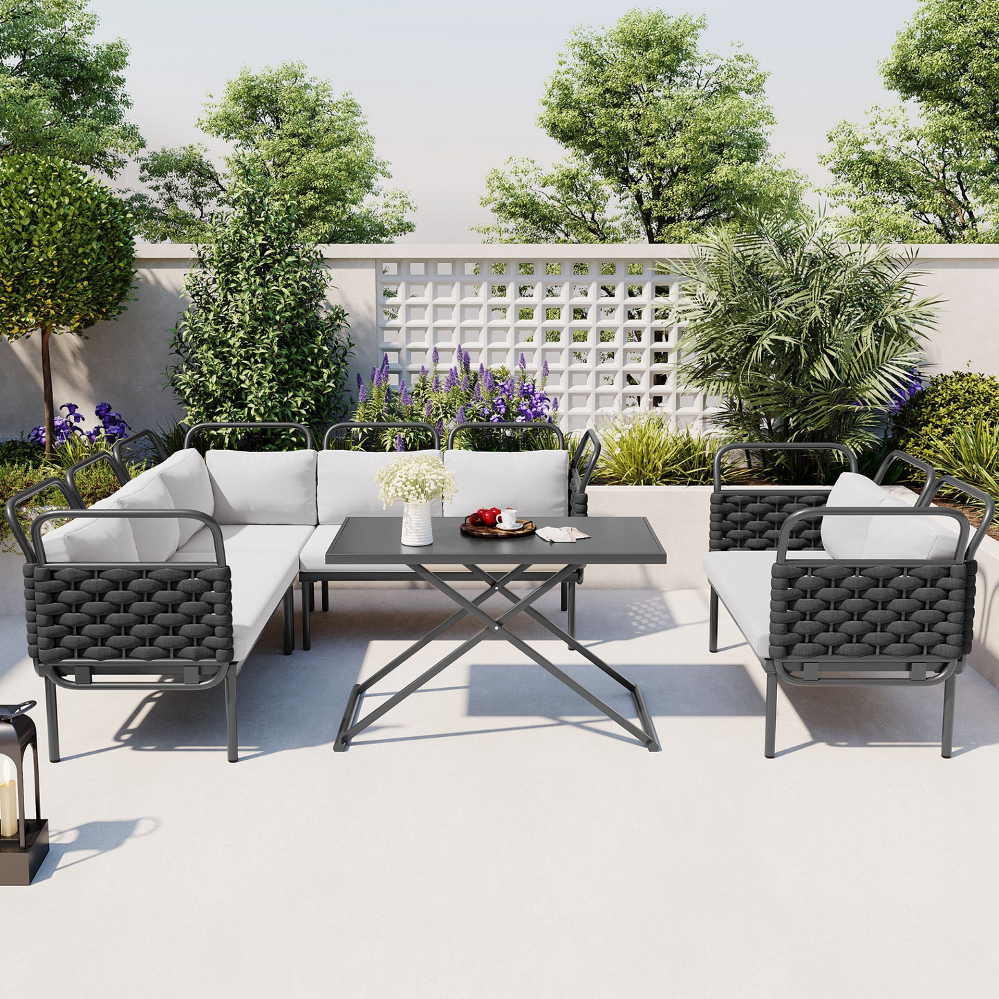 Patio Furntiure Sets | 5-Piece Modern Patio Sectional Sofa Set Outdoor Woven Rope Furniture Set with Glass Table and Cushions, Black+Gray | casafoyer.myshopify.com