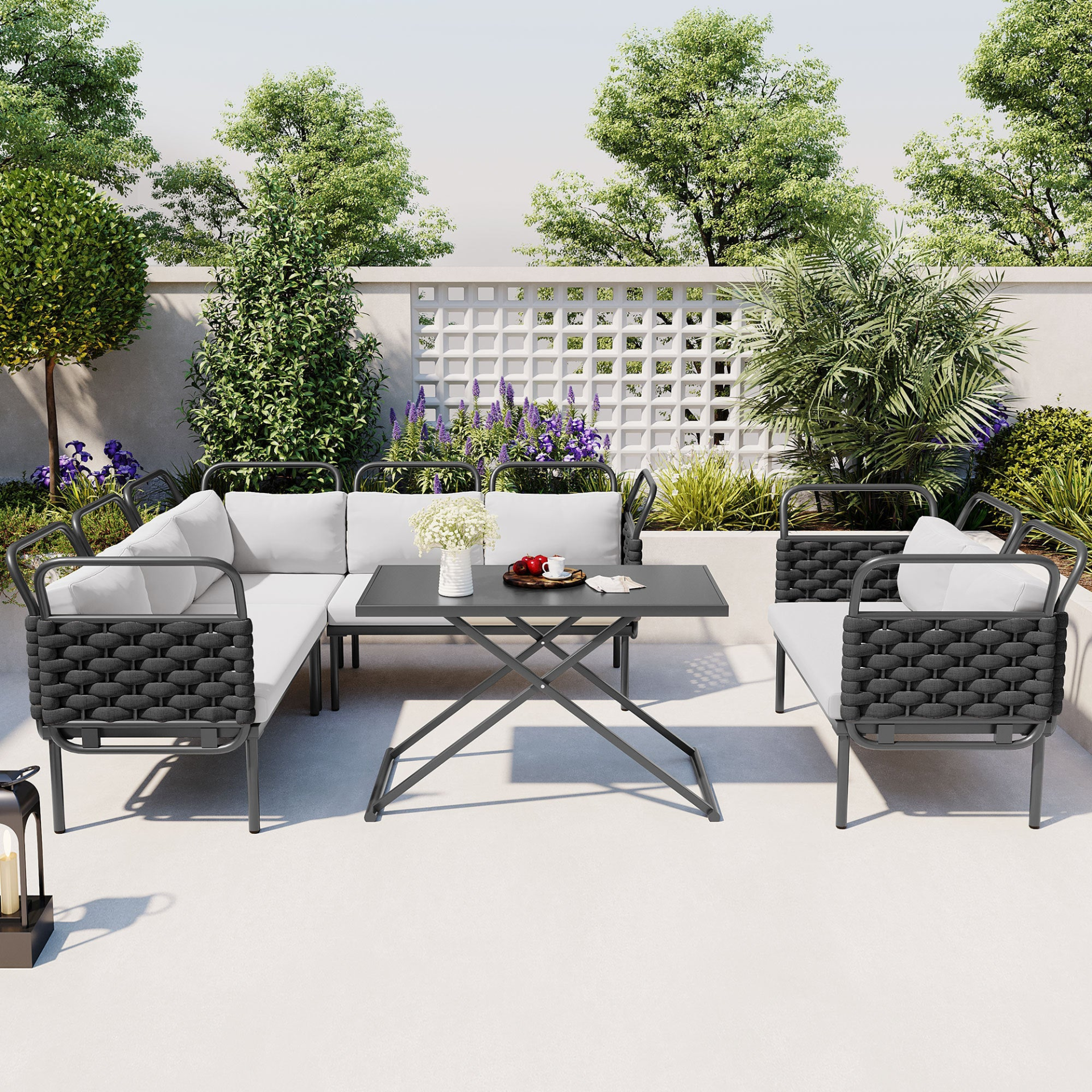 Patio Furntiure Sets | 5-Piece Modern Patio Sectional Sofa Set Outdoor Woven Rope Furniture Set with Glass Table and Cushions, Black+Gray | casafoyer.myshopify.com