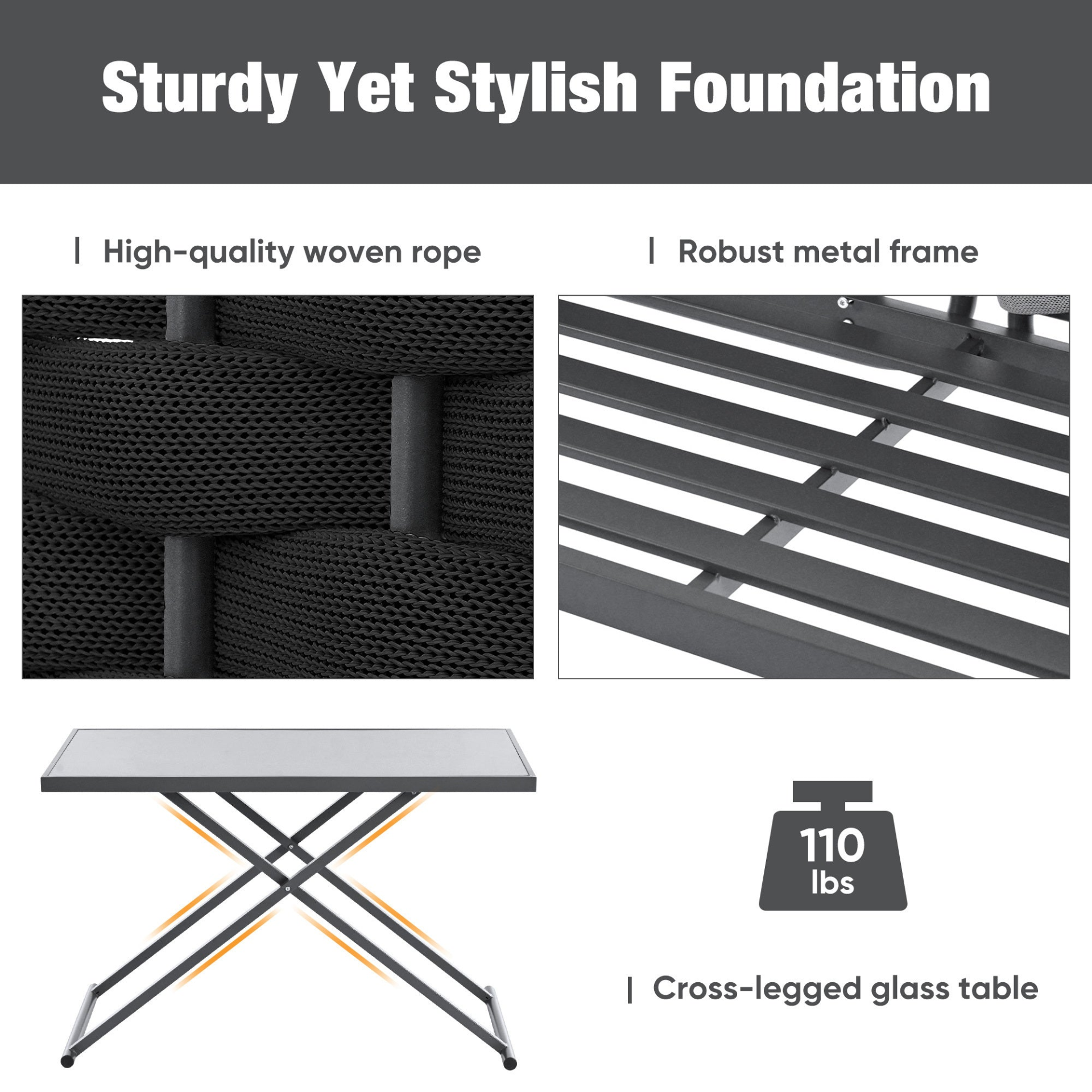 Patio Furntiure Sets | 5-Piece Modern Patio Sectional Sofa Set Outdoor Woven Rope Furniture Set with Glass Table and Cushions, Black+Gray | casafoyer.myshopify.com