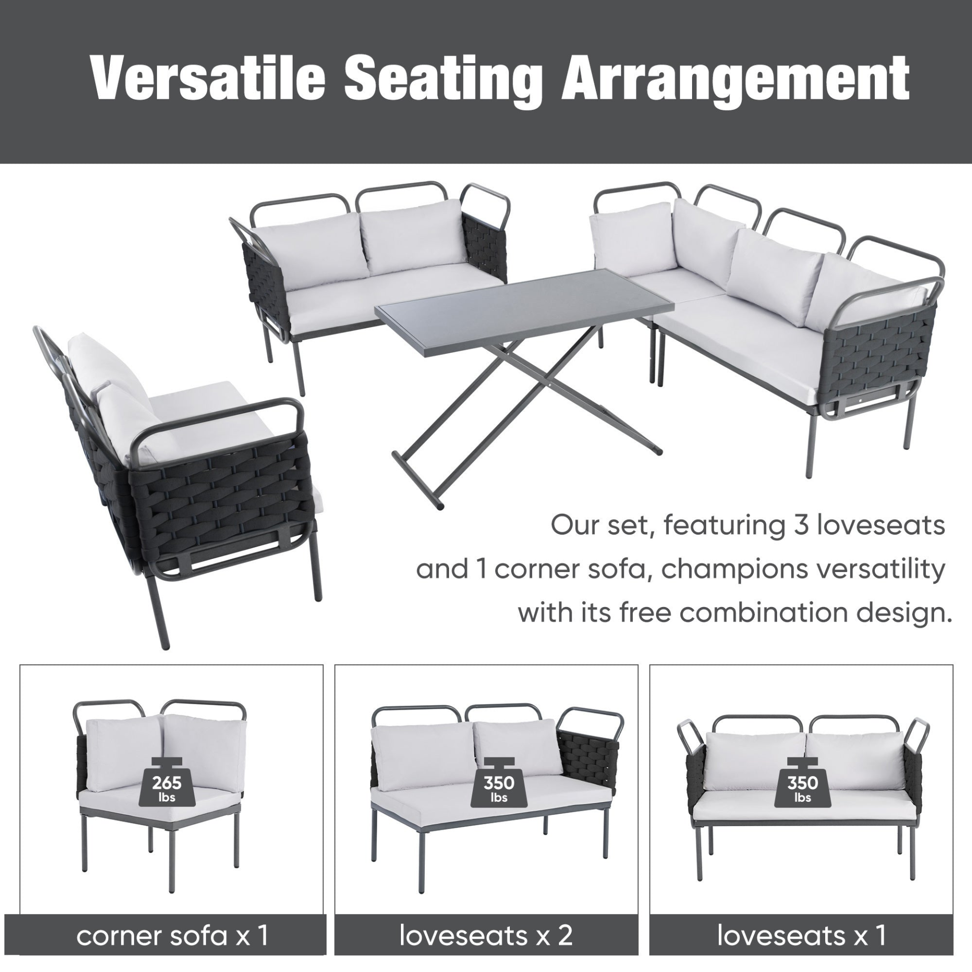 Patio Furntiure Sets | 5-Piece Modern Patio Sectional Sofa Set Outdoor Woven Rope Furniture Set with Glass Table and Cushions, Black+Gray | casafoyer.myshopify.com