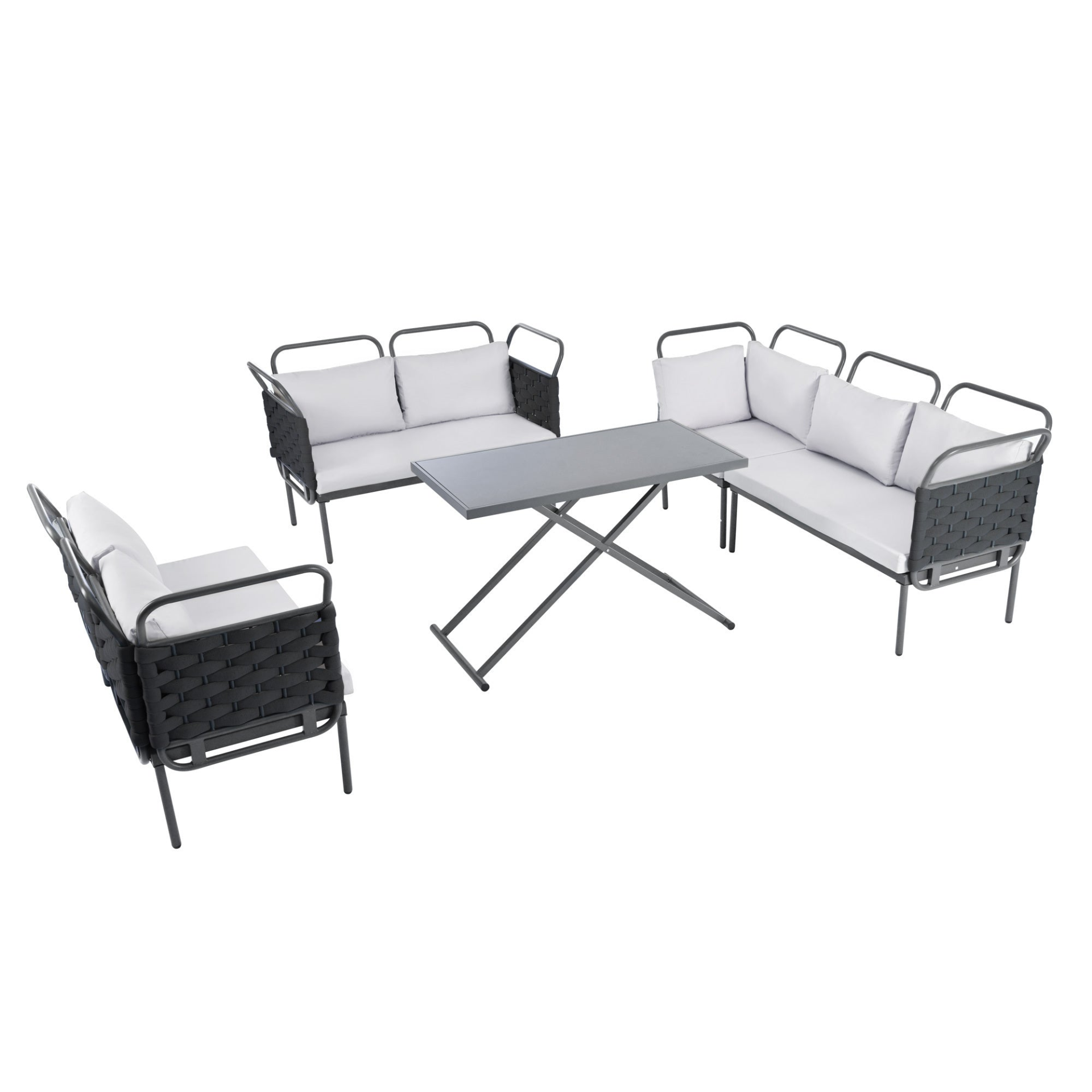 Patio Furntiure Sets | 5-Piece Modern Patio Sectional Sofa Set Outdoor Woven Rope Furniture Set with Glass Table and Cushions, Black+Gray | casafoyer.myshopify.com