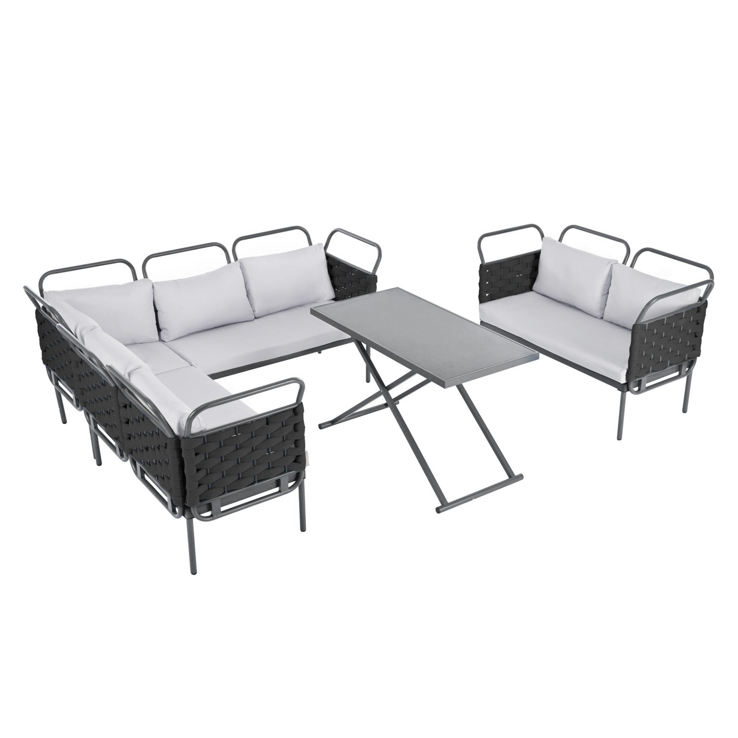 Patio Furntiure Sets | 5-Piece Modern Patio Sectional Sofa Set Outdoor Woven Rope Furniture Set with Glass Table and Cushions, Black+Gray | casafoyer.myshopify.com