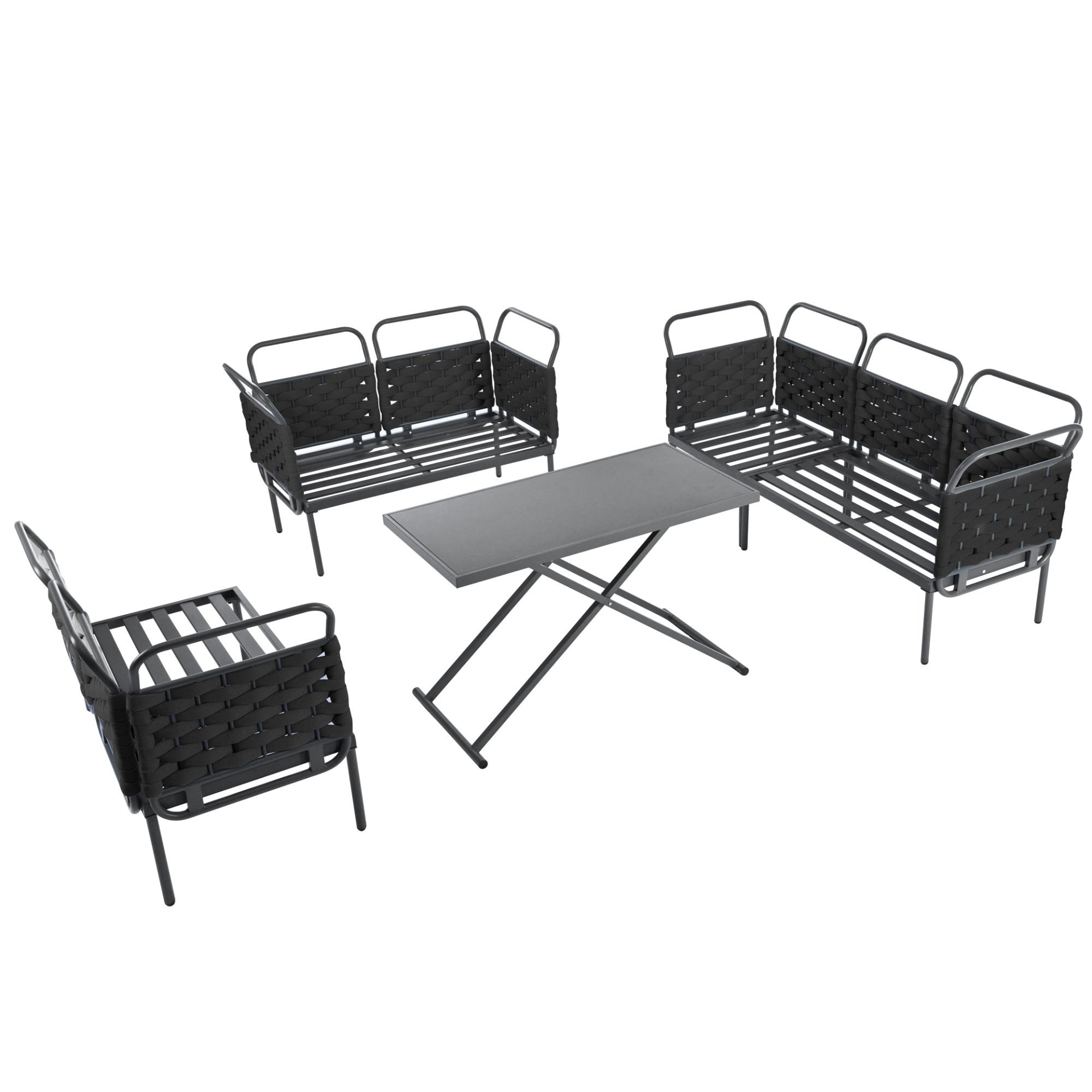 Patio Furntiure Sets | 5-Piece Modern Patio Sectional Sofa Set Outdoor Woven Rope Furniture Set with Glass Table and Cushions, Black+Gray | casafoyer.myshopify.com