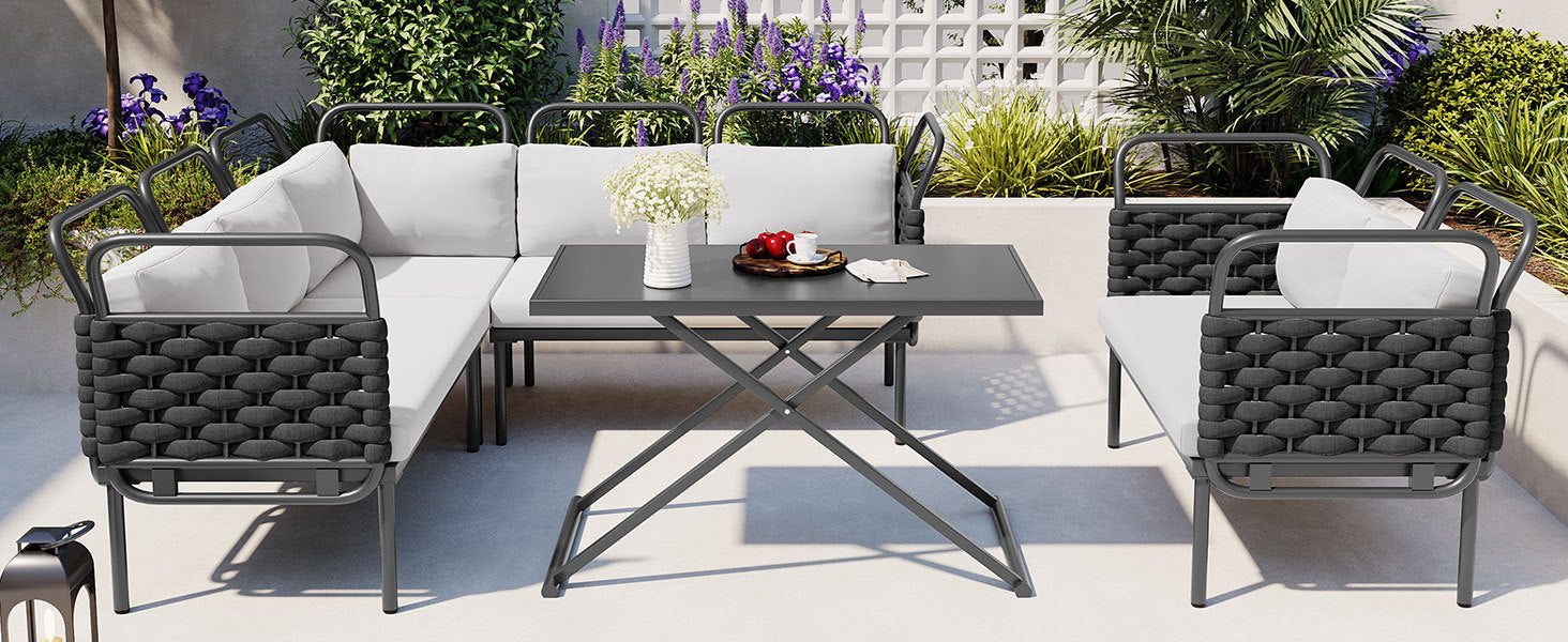 Patio Furntiure Sets | 5-Piece Modern Patio Sectional Sofa Set Outdoor Woven Rope Furniture Set with Glass Table and Cushions, Black+Gray | casafoyer.myshopify.com