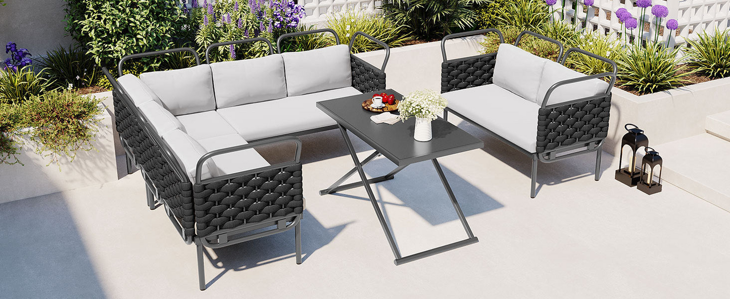 Patio Furntiure Sets | 5-Piece Modern Patio Sectional Sofa Set Outdoor Woven Rope Furniture Set with Glass Table and Cushions, Black+Gray | casafoyer.myshopify.com