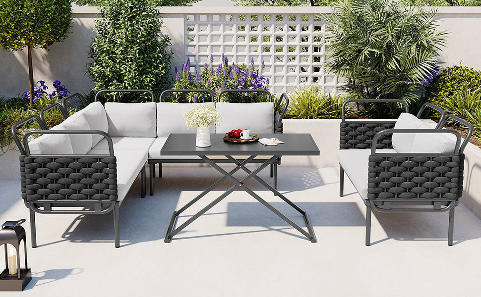 Patio Furntiure Sets | 5-Piece Modern Patio Sectional Sofa Set Outdoor Woven Rope Furniture Set with Glass Table and Cushions, Black+Gray | casafoyer.myshopify.com