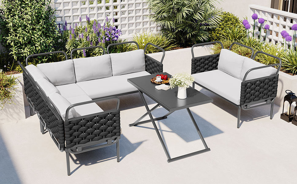 Patio Furntiure Sets | 5-Piece Modern Patio Sectional Sofa Set Outdoor Woven Rope Furniture Set with Glass Table and Cushions, Black+Gray | casafoyer.myshopify.com