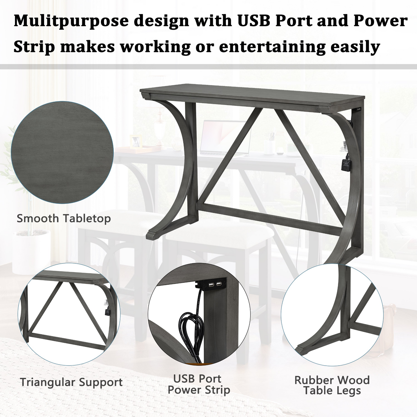 Dining Table | Farmhouse 3-Piece Counter Height Dining Table Set with USB Port and Upholstered Stools,Gray | casafoyer.myshopify.com