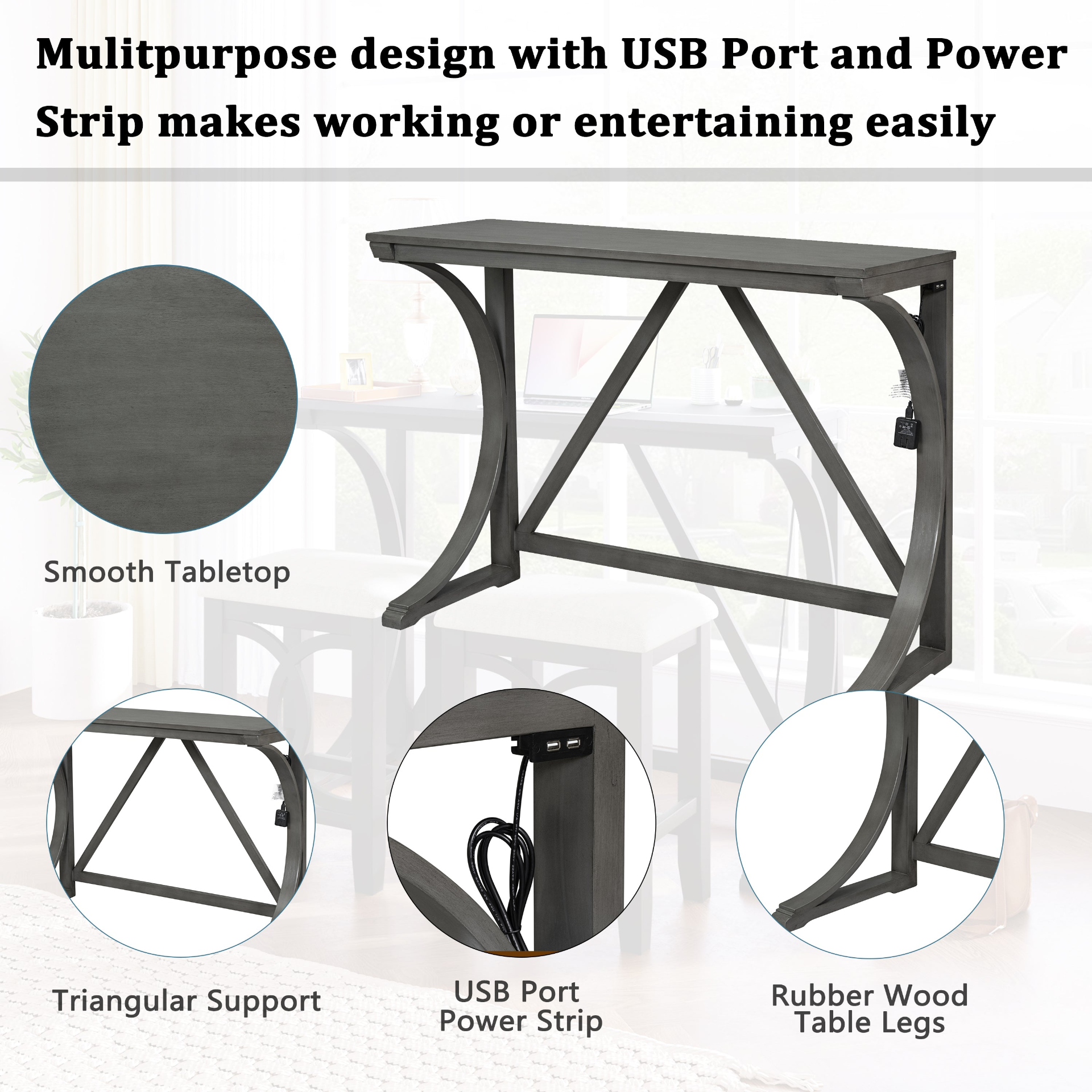 Dining Table | Farmhouse 3-Piece Counter Height Dining Table Set with USB Port and Upholstered Stools,Gray | casafoyer.myshopify.com