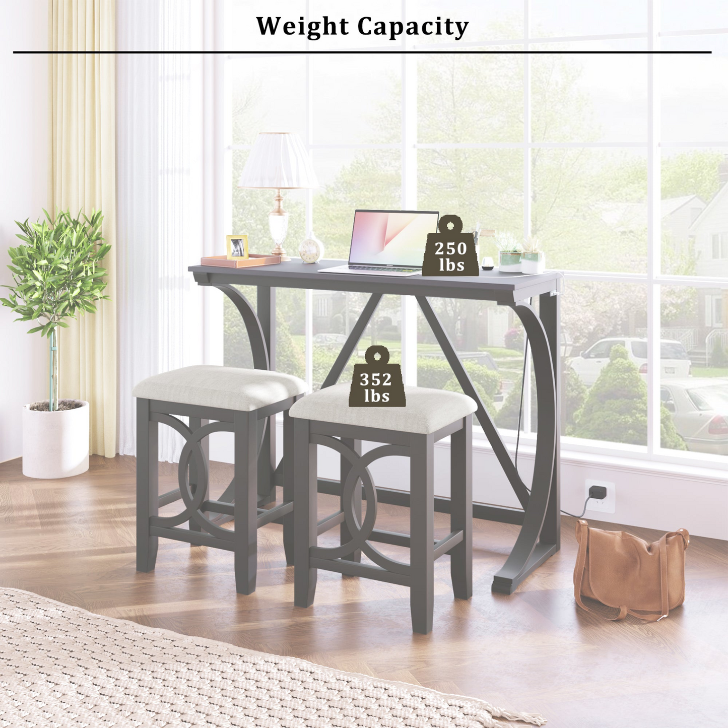 Dining Table | Farmhouse 3-Piece Counter Height Dining Table Set with USB Port and Upholstered Stools,Gray | casafoyer.myshopify.com