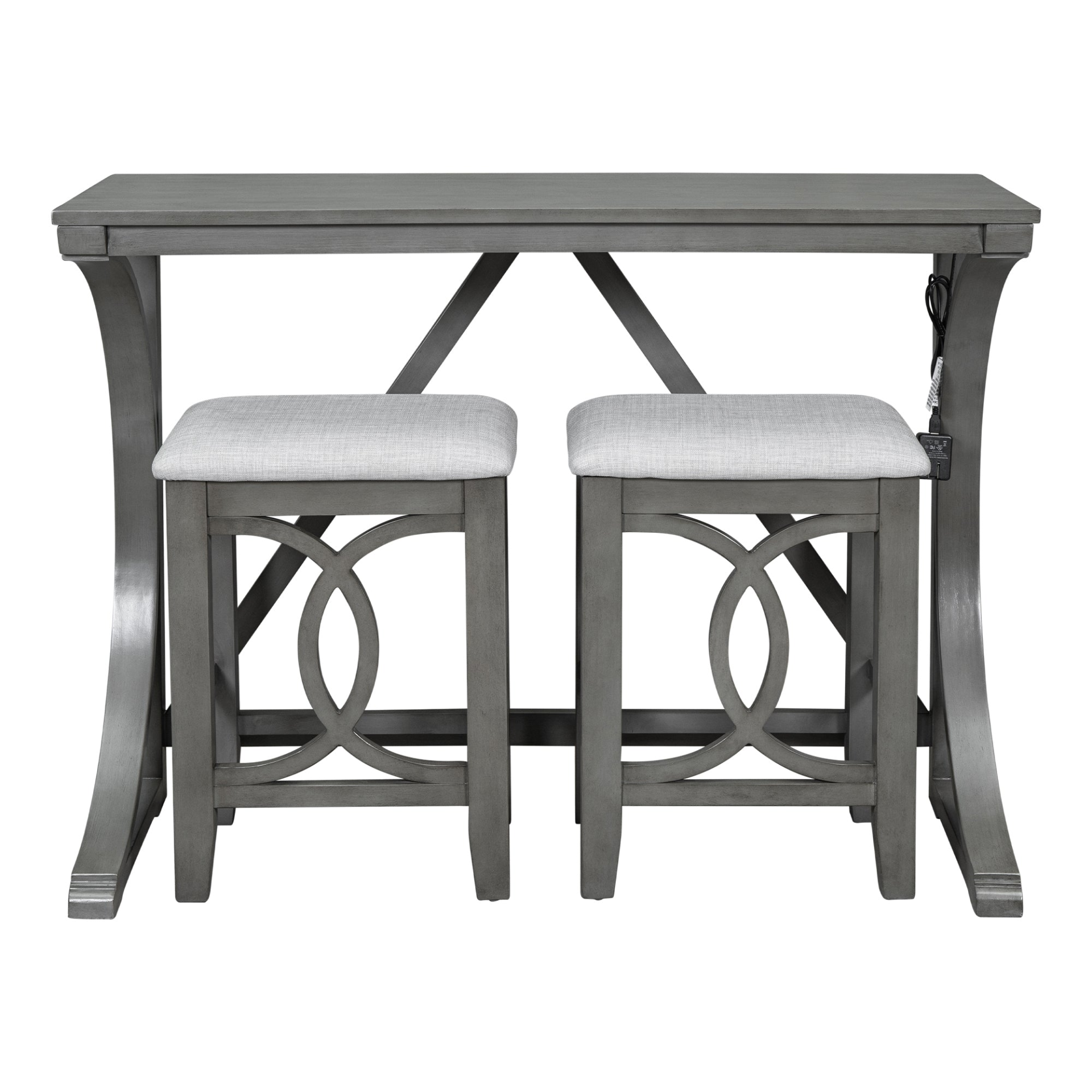 Dining Table | Farmhouse 3-Piece Counter Height Dining Table Set with USB Port and Upholstered Stools,Gray | casafoyer.myshopify.com