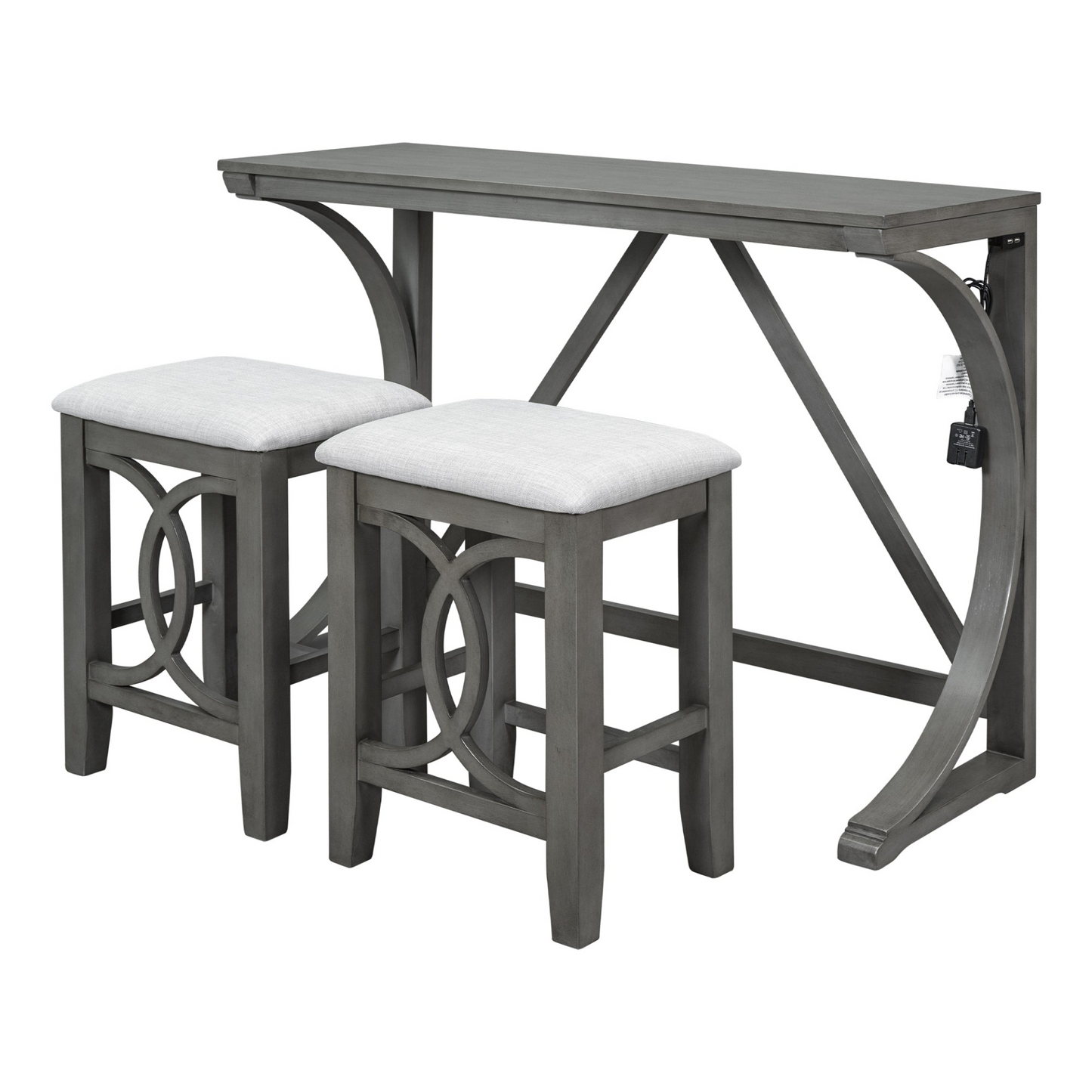 Dining Table | Farmhouse 3-Piece Counter Height Dining Table Set with USB Port and Upholstered Stools,Gray | casafoyer.myshopify.com