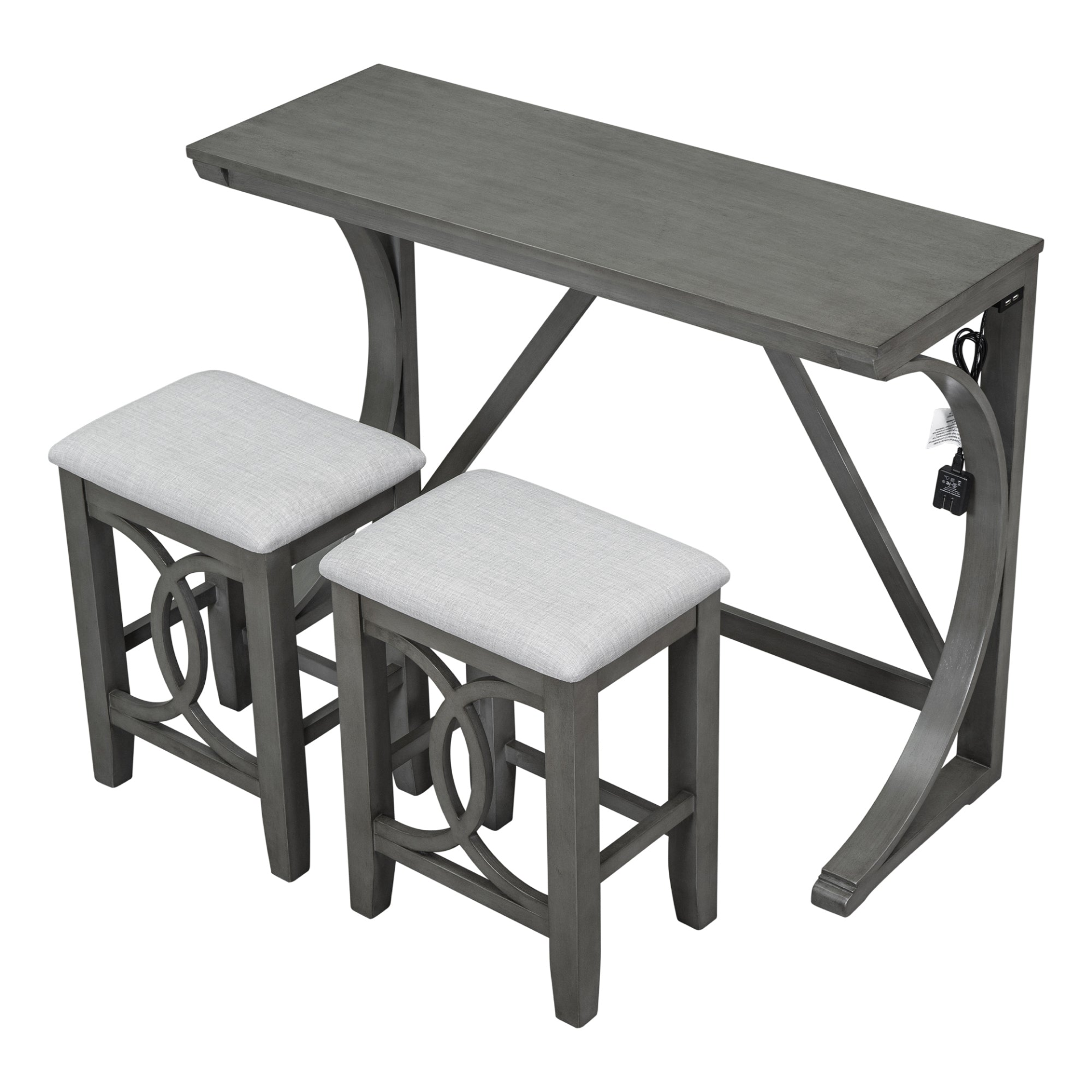 Dining Table | Farmhouse 3-Piece Counter Height Dining Table Set with USB Port and Upholstered Stools,Gray | casafoyer.myshopify.com