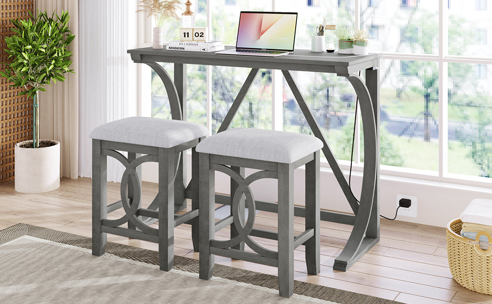 Dining Table | Farmhouse 3-Piece Counter Height Dining Table Set with USB Port and Upholstered Stools,Gray | casafoyer.myshopify.com