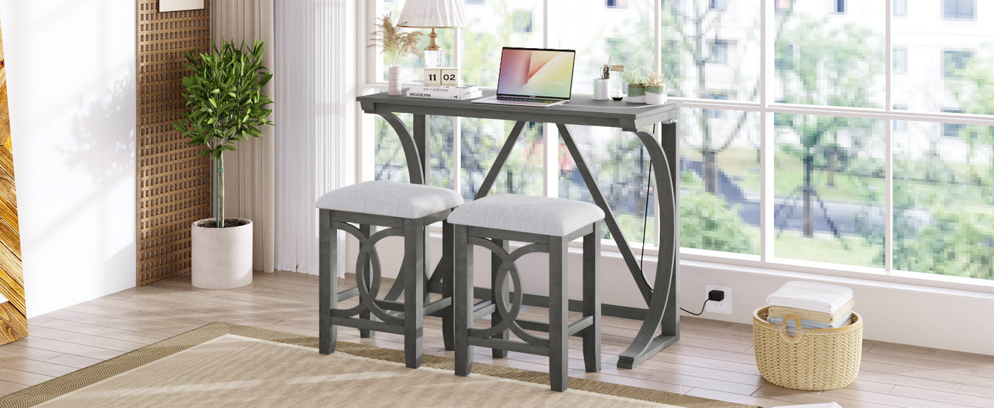 Dining Table | Farmhouse 3-Piece Counter Height Dining Table Set with USB Port and Upholstered Stools,Gray | casafoyer.myshopify.com