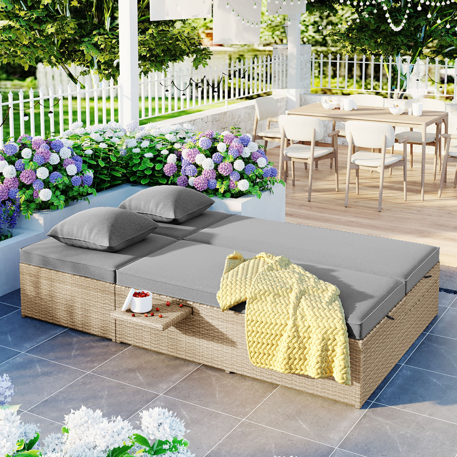 Patio Furntiure Sets | Outdoor Double Sunbed, Wicker Rattan Patio Reclining Chairs with Adjustable Backrest and Seat, Conversational Set for 2 Person, Brown | casafoyer.myshopify.com