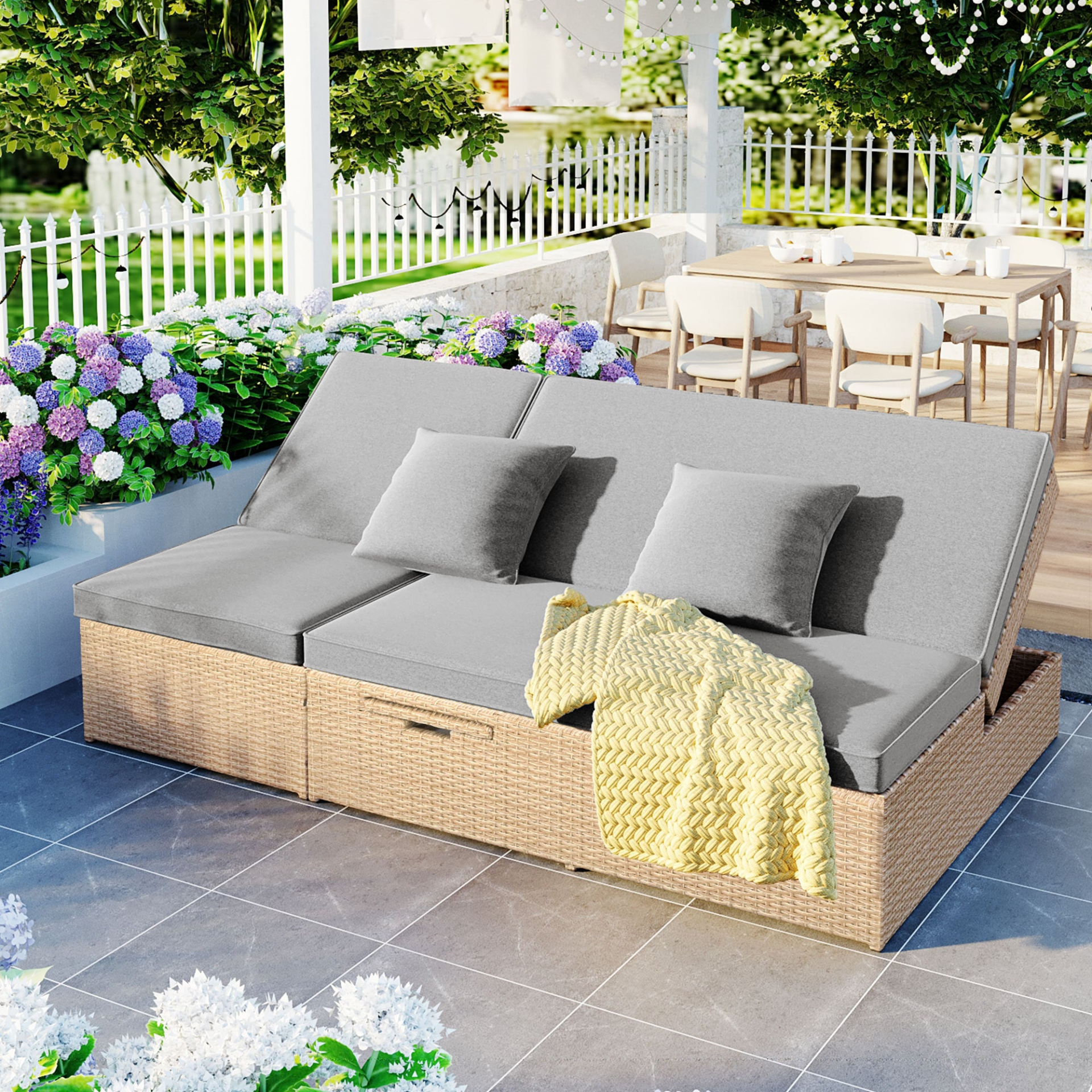 Patio Furntiure Sets | Outdoor Double Sunbed, Wicker Rattan Patio Reclining Chairs with Adjustable Backrest and Seat, Conversational Set for 2 Person, Brown | casafoyer.myshopify.com