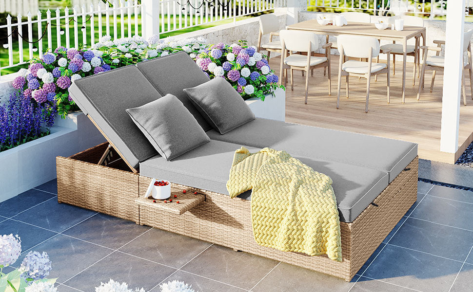 Patio Furntiure Sets | Outdoor Double Sunbed, Wicker Rattan Patio Reclining Chairs with Adjustable Backrest and Seat, Conversational Set for 2 Person, Brown | casafoyer.myshopify.com