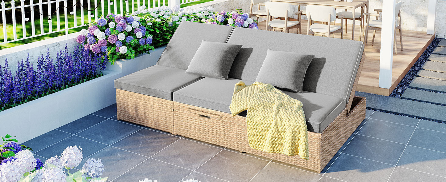 Patio Furntiure Sets | Outdoor Double Sunbed, Wicker Rattan Patio Reclining Chairs with Adjustable Backrest and Seat, Conversational Set for 2 Person, Brown | casafoyer.myshopify.com