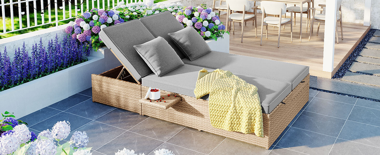 Patio Furntiure Sets | Outdoor Double Sunbed, Wicker Rattan Patio Reclining Chairs with Adjustable Backrest and Seat, Conversational Set for 2 Person, Brown | casafoyer.myshopify.com