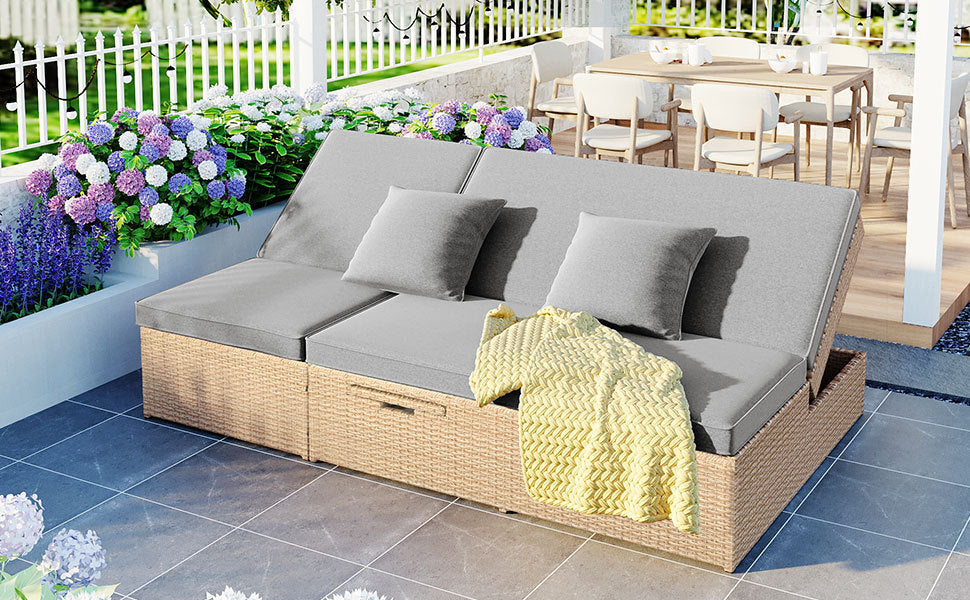 Patio Furntiure Sets | Outdoor Double Sunbed, Wicker Rattan Patio Reclining Chairs with Adjustable Backrest and Seat, Conversational Set for 2 Person, Brown | casafoyer.myshopify.com