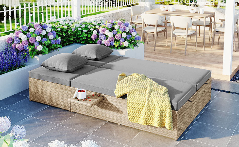 Patio Furntiure Sets | Outdoor Double Sunbed, Wicker Rattan Patio Reclining Chairs with Adjustable Backrest and Seat, Conversational Set for 2 Person, Brown | casafoyer.myshopify.com