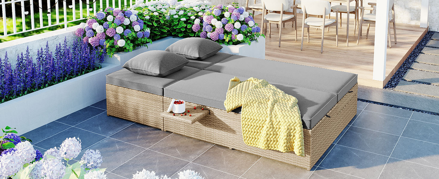 Patio Furntiure Sets | Outdoor Double Sunbed, Wicker Rattan Patio Reclining Chairs with Adjustable Backrest and Seat, Conversational Set for 2 Person, Brown | casafoyer.myshopify.com