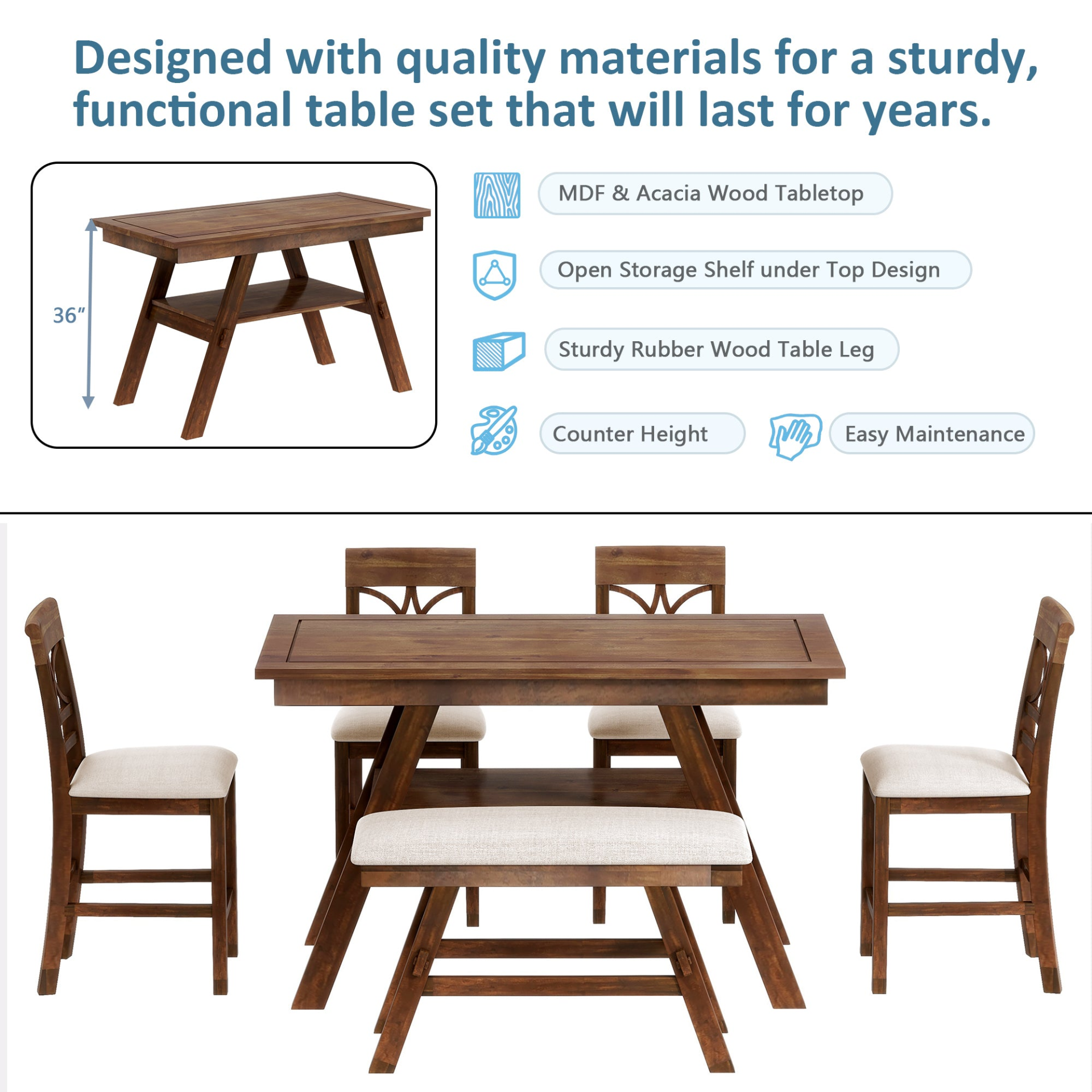 Dining Table | 6-Piece Wood Counter Height Dining Table Set with Storage Shelf, Kitchen Table Set with Bench and 4 Chairs,Rustic Style, Walnut+Beige Cushion | casafoyer.myshopify.com