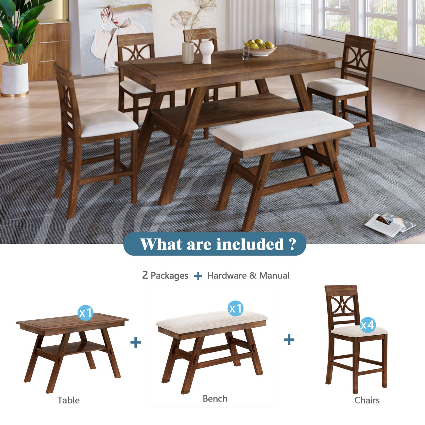 Dining Table | 6-Piece Wood Counter Height Dining Table Set with Storage Shelf, Kitchen Table Set with Bench and 4 Chairs,Rustic Style, Walnut+Beige Cushion | casafoyer.myshopify.com