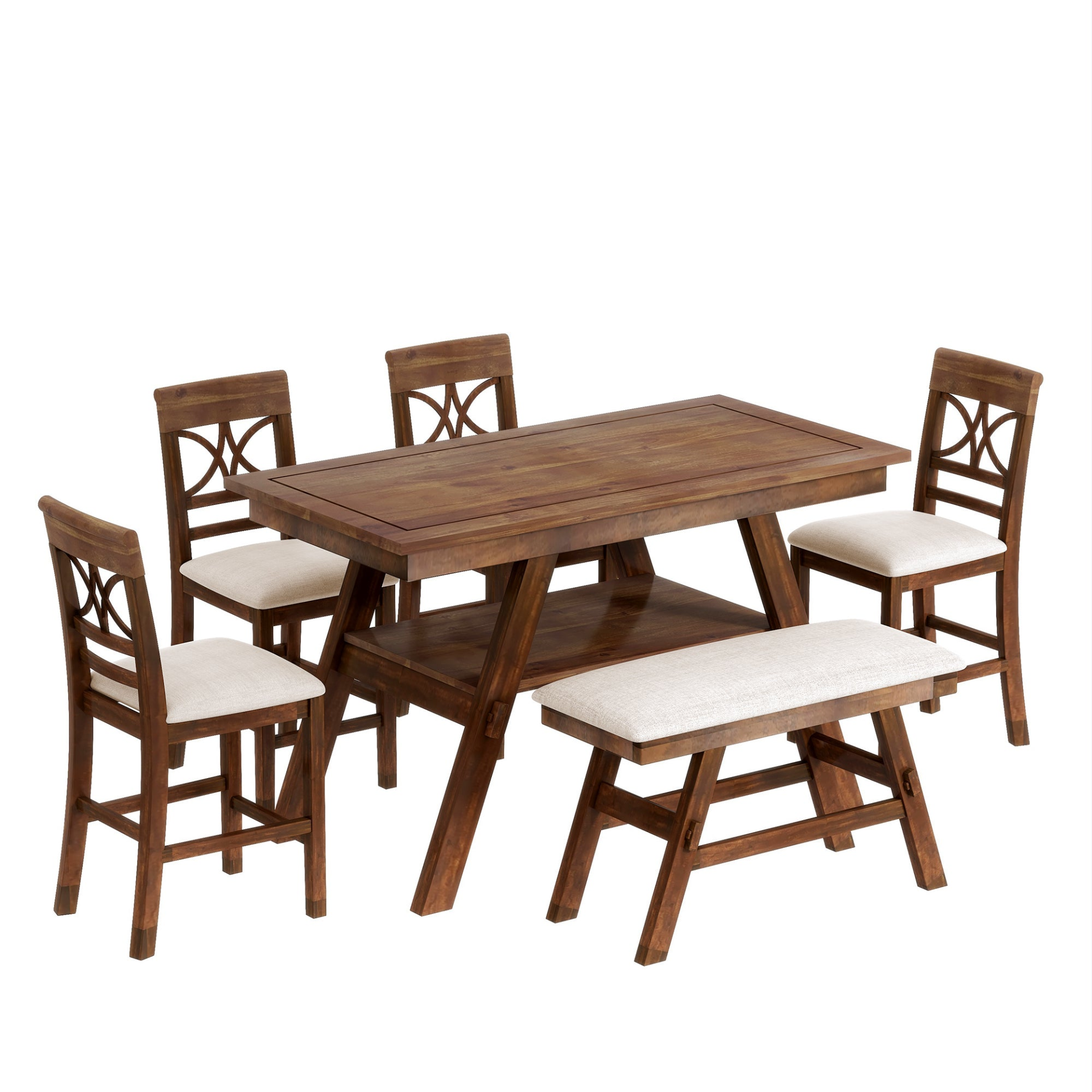 Dining Table | 6-Piece Wood Counter Height Dining Table Set with Storage Shelf, Kitchen Table Set with Bench and 4 Chairs,Rustic Style, Walnut+Beige Cushion | casafoyer.myshopify.com