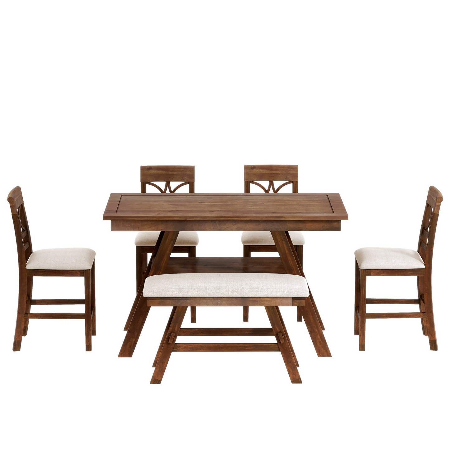 Dining Table | 6-Piece Wood Counter Height Dining Table Set with Storage Shelf, Kitchen Table Set with Bench and 4 Chairs,Rustic Style, Walnut+Beige Cushion | casafoyer.myshopify.com