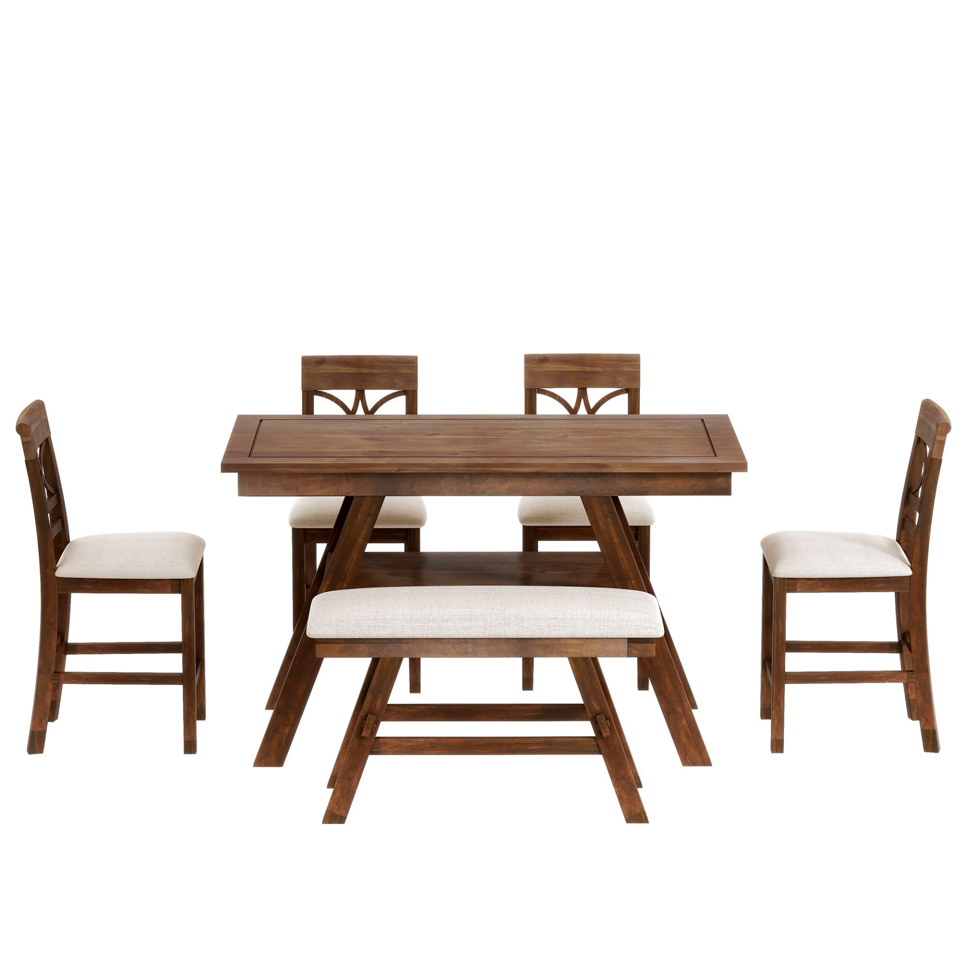 Dining Table | 6-Piece Wood Counter Height Dining Table Set with Storage Shelf, Kitchen Table Set with Bench and 4 Chairs,Rustic Style, Walnut+Beige Cushion | casafoyer.myshopify.com