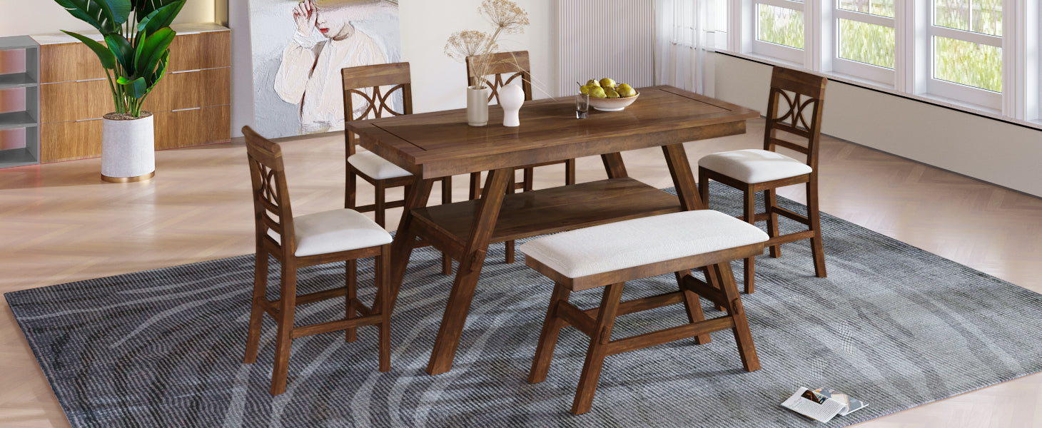 Dining Table | 6-Piece Wood Counter Height Dining Table Set with Storage Shelf, Kitchen Table Set with Bench and 4 Chairs,Rustic Style, Walnut+Beige Cushion | casafoyer.myshopify.com