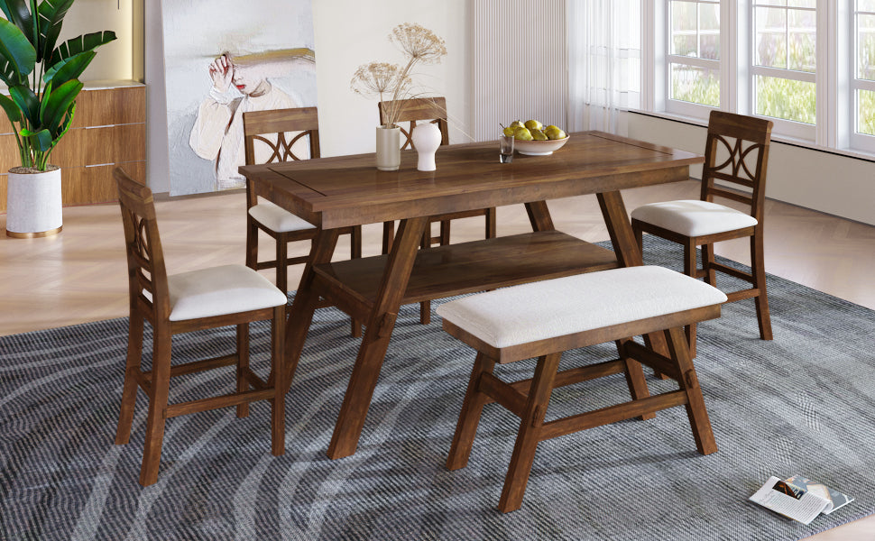 Dining Table | 6-Piece Wood Counter Height Dining Table Set with Storage Shelf, Kitchen Table Set with Bench and 4 Chairs,Rustic Style, Walnut+Beige Cushion | casafoyer.myshopify.com