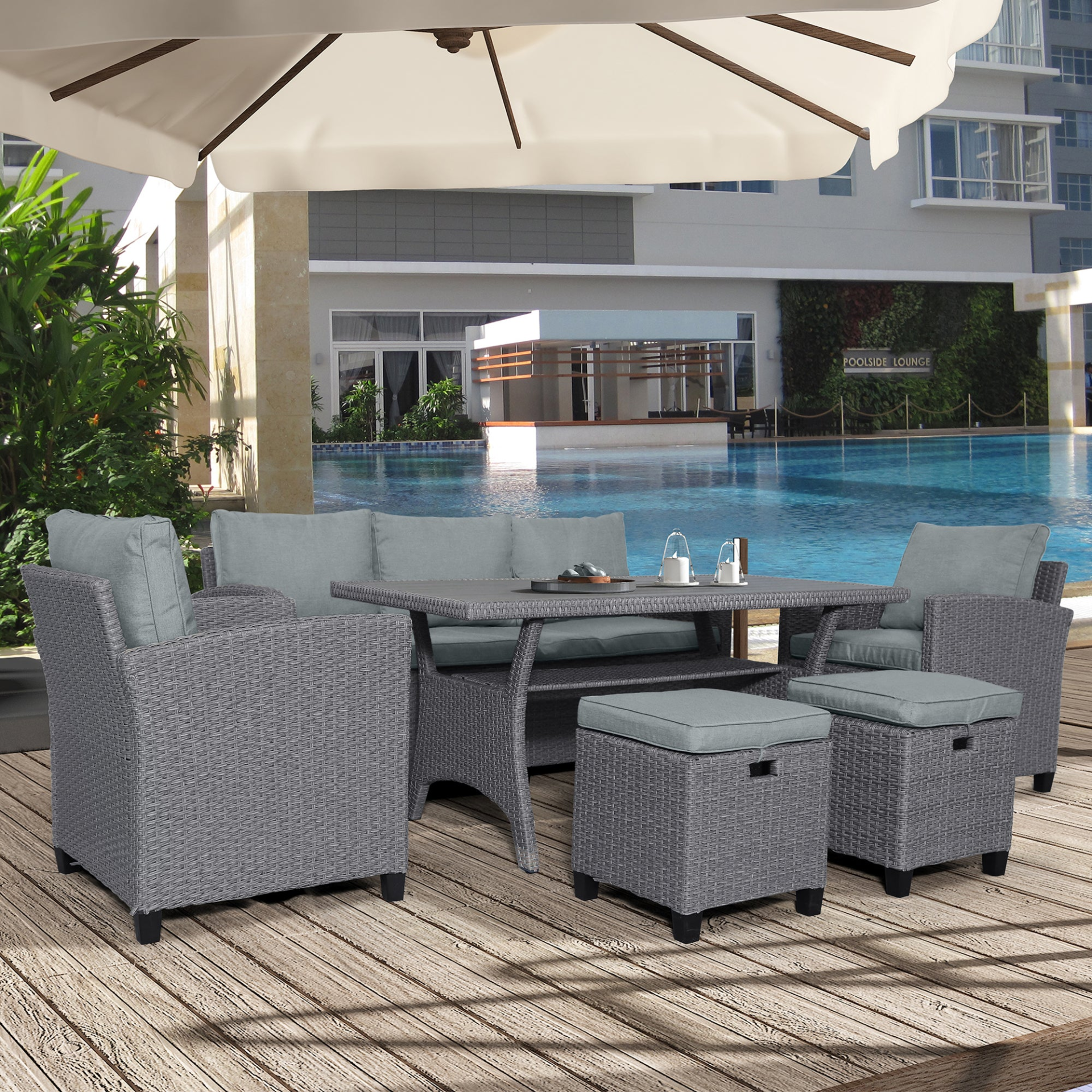 Patio Furntiure Sets | 6-Piece Outdoor Rattan Wicker Set Patio Garden Backyard Sofa, Chair, Stools and Table(Gray Rattan+Gray Cushion) | casafoyer.myshopify.com