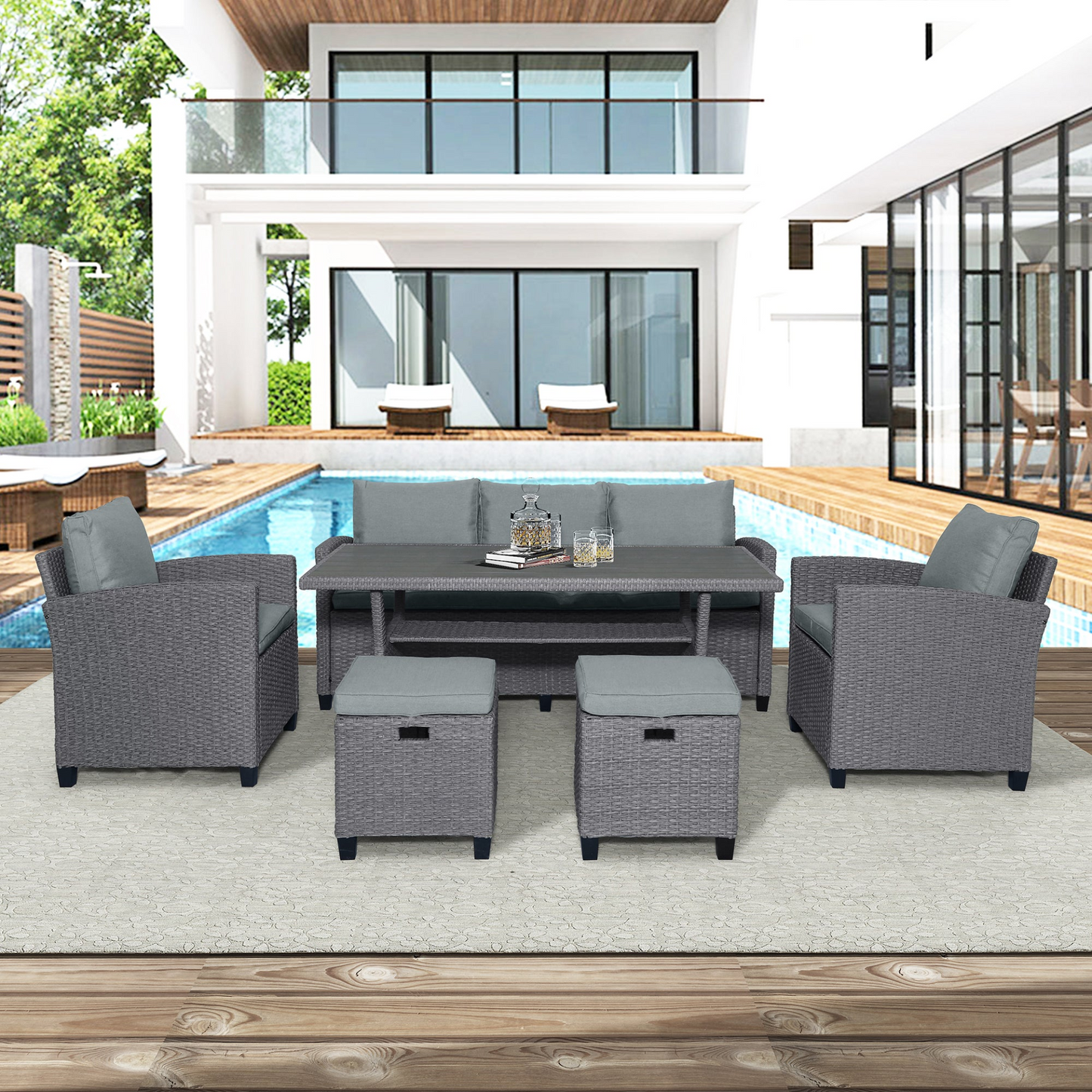 Patio Furntiure Sets | 6-Piece Outdoor Rattan Wicker Set Patio Garden Backyard Sofa, Chair, Stools and Table(Gray Rattan+Gray Cushion) | casafoyer.myshopify.com