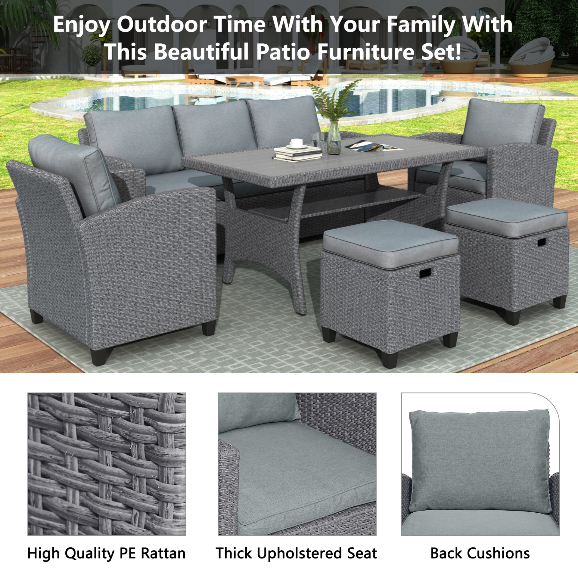 Patio Furntiure Sets | 6-Piece Outdoor Rattan Wicker Set Patio Garden Backyard Sofa, Chair, Stools and Table(Gray Rattan+Gray Cushion) | casafoyer.myshopify.com