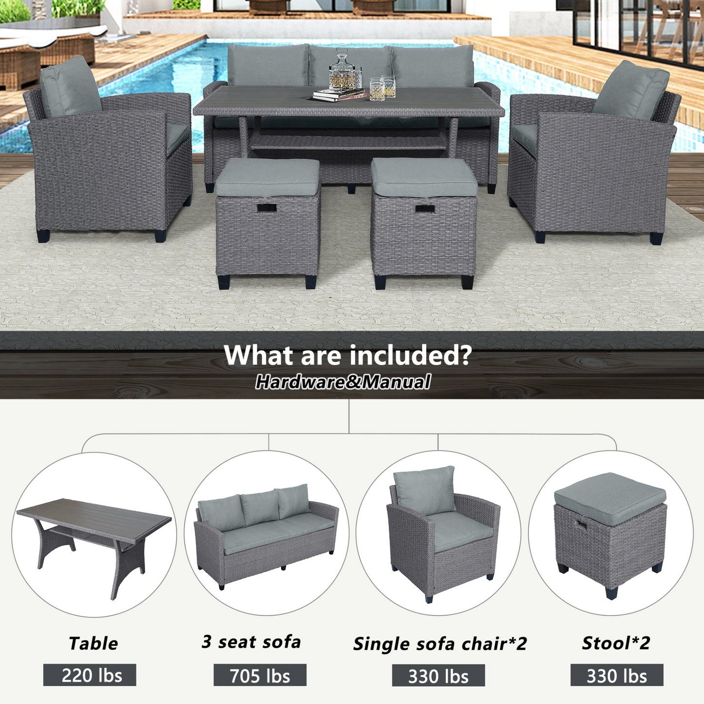 Patio Furntiure Sets | 6-Piece Outdoor Rattan Wicker Set Patio Garden Backyard Sofa, Chair, Stools and Table(Gray Rattan+Gray Cushion) | casafoyer.myshopify.com